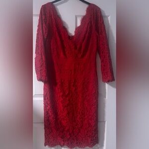 Women's Tadashi Shoji Red Embroidered Lace 3/4 Sleeved Dress